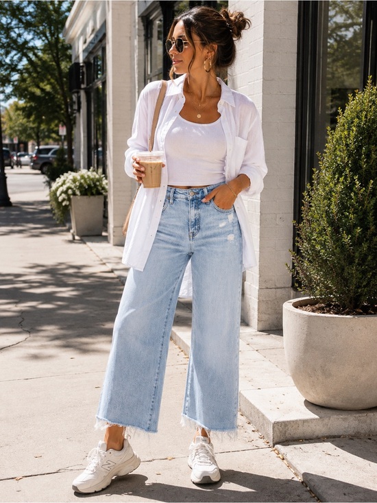 Risen Jeans Denim - Risen Jeans 7/28 Light Wash Cropped Wide Leg Distressed Raw Hem
